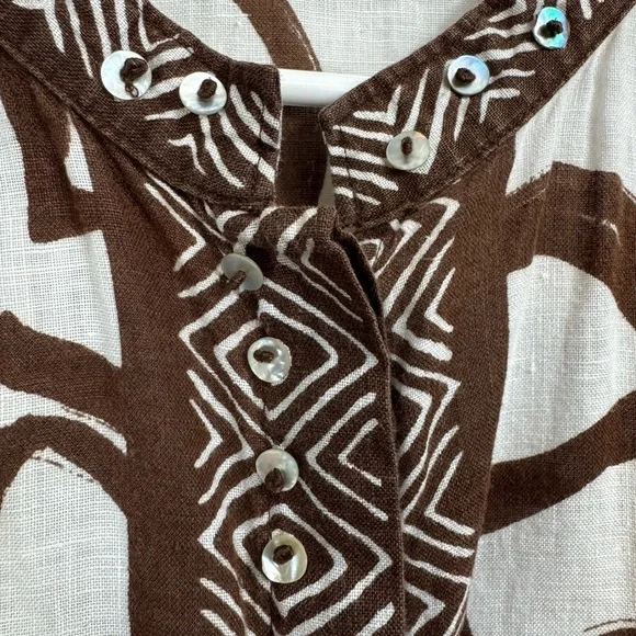 Laura Ashley Size 2X White Brown 3/4 Sleeve 100% Linen Beaded Tunic Blouse - Picture 5 of 7